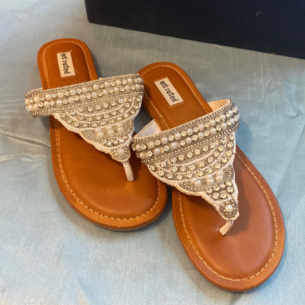 WHITE RHINESTONE AND PEARL SANDALS
